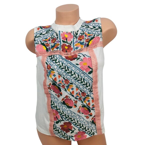 Anthropologie Tops - Anthropologie Tiny Size M Floral Embroidered Tank Top High Neck Multicolor White